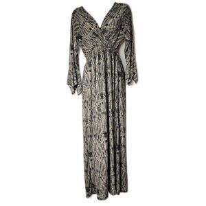 Whimsey Goth Maxi Dress Handkerchief Sleeves Empire Waist Sz. M Black Beige